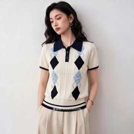 时尚潮流POLO衫撞色菱格纹短袖针织衫女026夏季新款翻领休闲上衣
