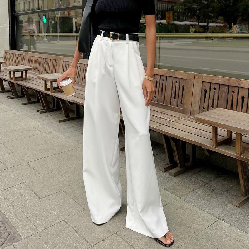 Pantalones de traje de estilo de viajero blanco europeo y americano, pantalones casuales de cintura alta de todo fósforo de moda femenina, pantalones de trapeador sencillos sueltos, transfronterizos