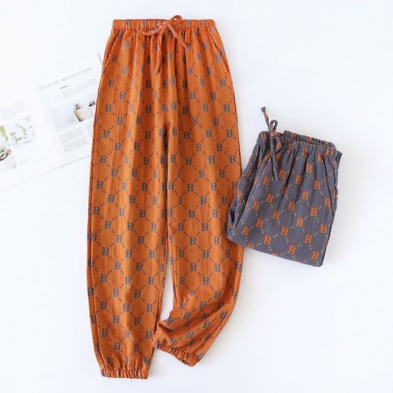 New Cotton Letter-Print Cuffed Men's Pajama Pants, Thin Double-Layer Yarn-Dyed Gauze, Loose Casual Home Pants for Spring, Autumn, and Summer
