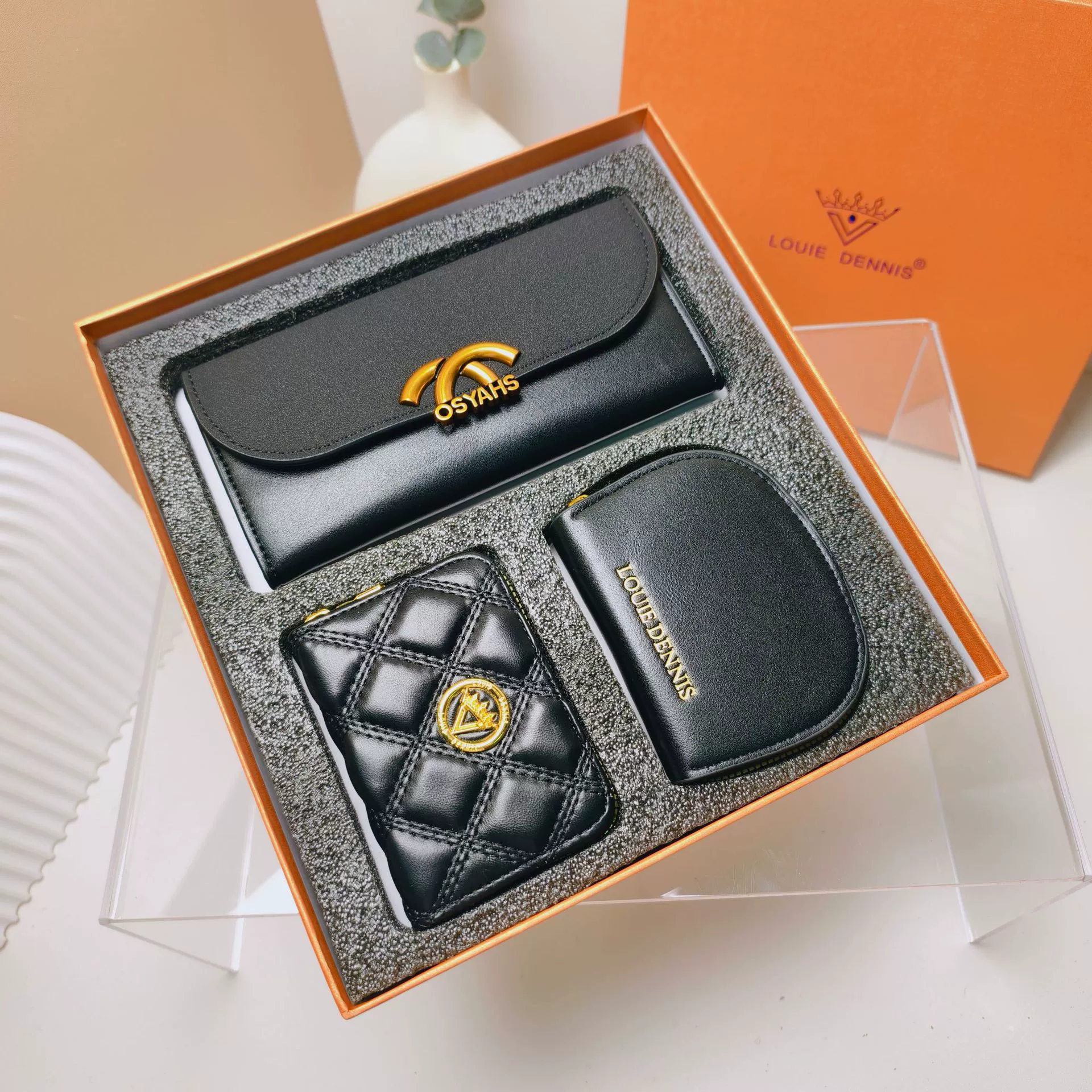 Set, gift box, wallet, card holder, 3 piece set