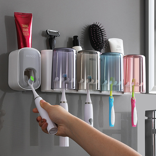 ecoco Creative Toothbrush Storage Rack No-Punch Mouthwash Cup Wall-mounted Bathroom Automatic Toothpaste Squeezer