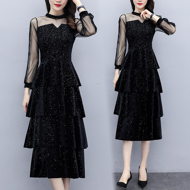 Skirt Women's 2025 Spring and Autumn New Fashion Internet Celebrity Skirt Cool Goddess Style Temperament Velvet Sequin Cake Dress Skirt Women's 2025 Spring and Autumn New Fashion Internet Celebrity Skirt Cool Goddess Style Temperament Velvet Sequin Cake Dress