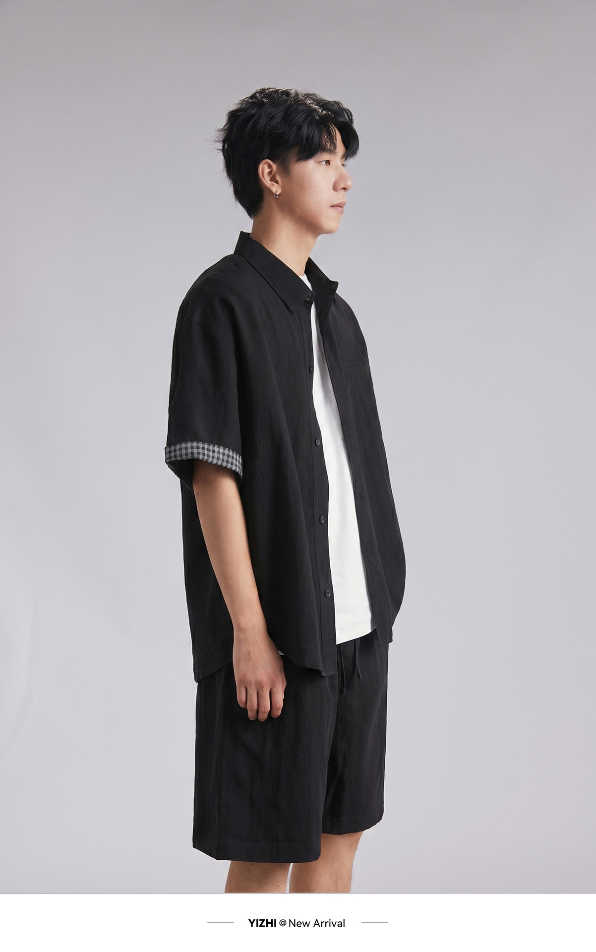 Bộ đồ thể thao nam áo sơ mi ngắn tay kèm quần short chất liệu Tencel mát lạnh — đen chi tiết 14