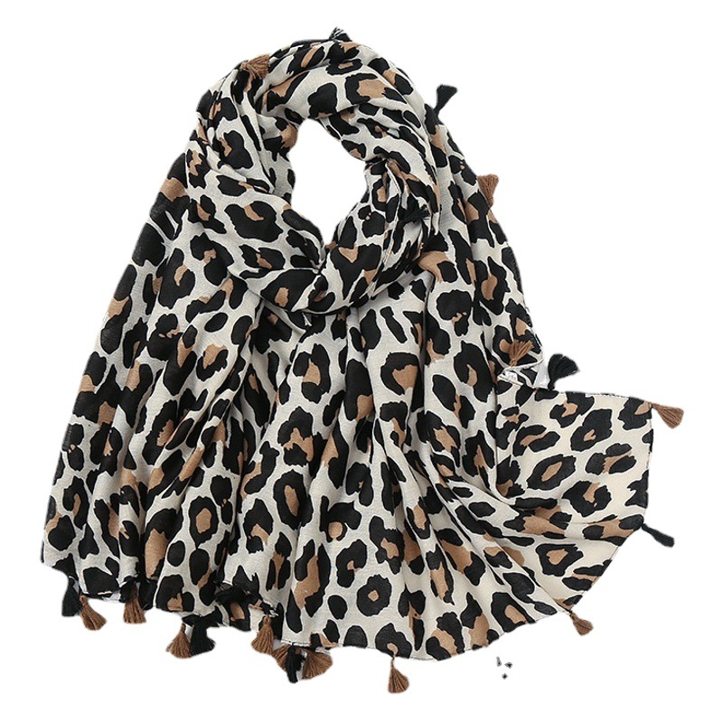 Autumn and Winter European and American Fashion Leopard Print Cotton and Linen Scarf Long Tassel Women's Korean Style Silk Scarf Dual-Use Shawl Versatile