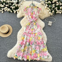 法式复古优雅镂空钩花蕾丝高领小飞袖收腰长款连衣裙女显瘦礼服裙