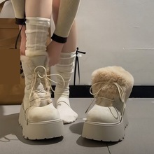 厚底加绒保暖雪地靴中筒棉靴女款2025新款冬季小个子增高毛绒短靴