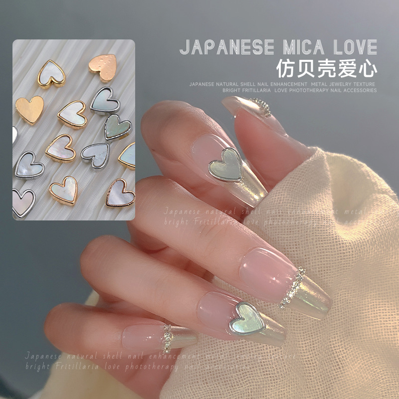 Nail Art Accessories Trendy Gold and Silver Edge Diamond Imitation Shell Stone Light Luxury Versatile Imitation Mother-Of-Pearl Heart Nail Decoration
