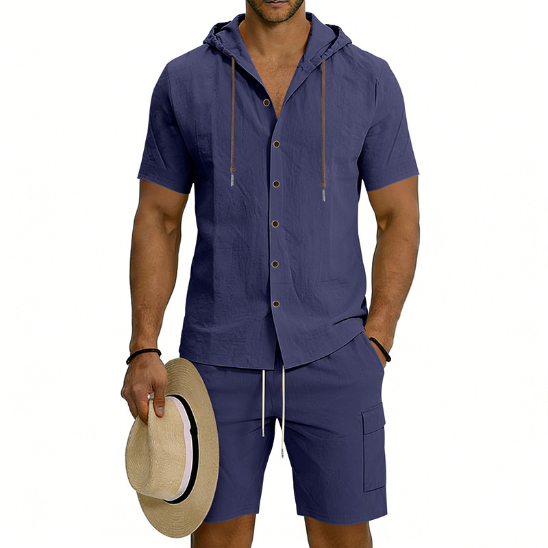 Men's Linen Hooded Short Sleeve Shirt With Workwear Shorts Set, Relaxed Fit Breathable Summer Outfit For Vacation And Casual Style_viptrois.com