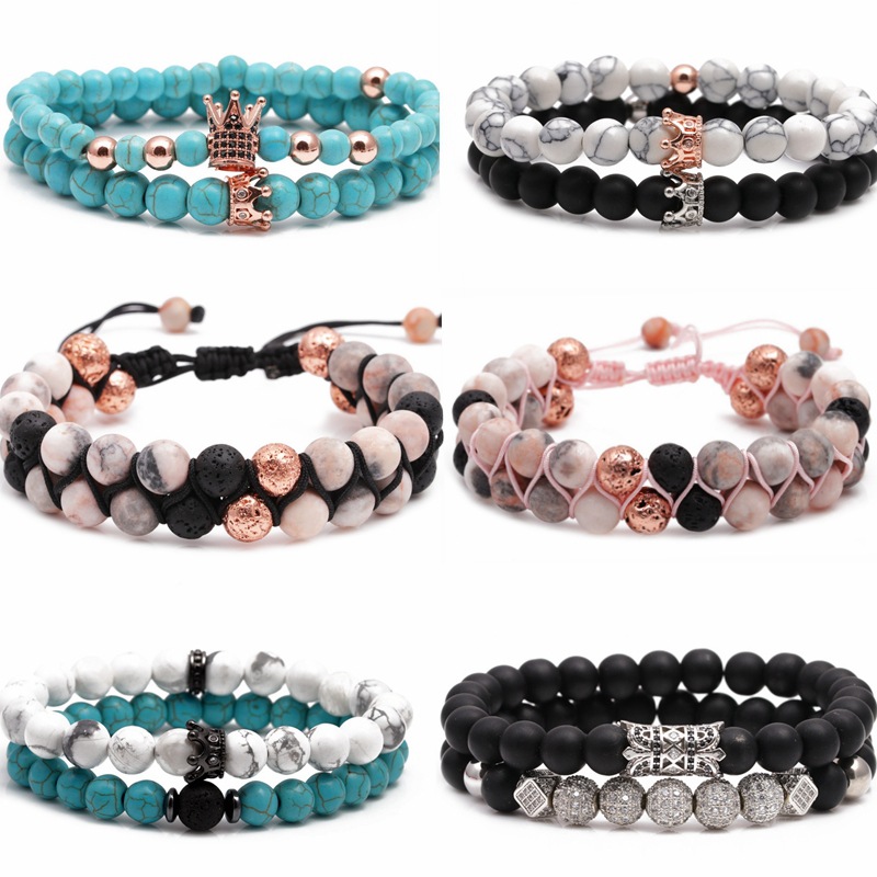 Pulsera de cuentas de piedra volcánica europea y americana transfronteriza azul turquesa corona traje pareja pulsera hombres y mujeres pulsera