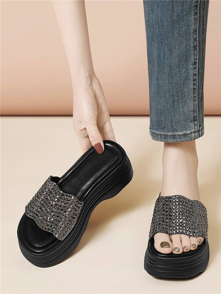 Sandal nữ đế dày đính đá lấp lánh phong cách thời trang — 6075 Màu be, 6075 Da đen chi tiết 15