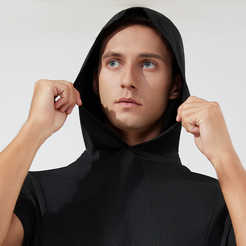 Verano nuevo estilo para hombres y mujeres con el mismo estilo de secado rápido casual de manga corta suelta blusa transfronteriza para correr al aire libre de manga corta con capucha de manga corta