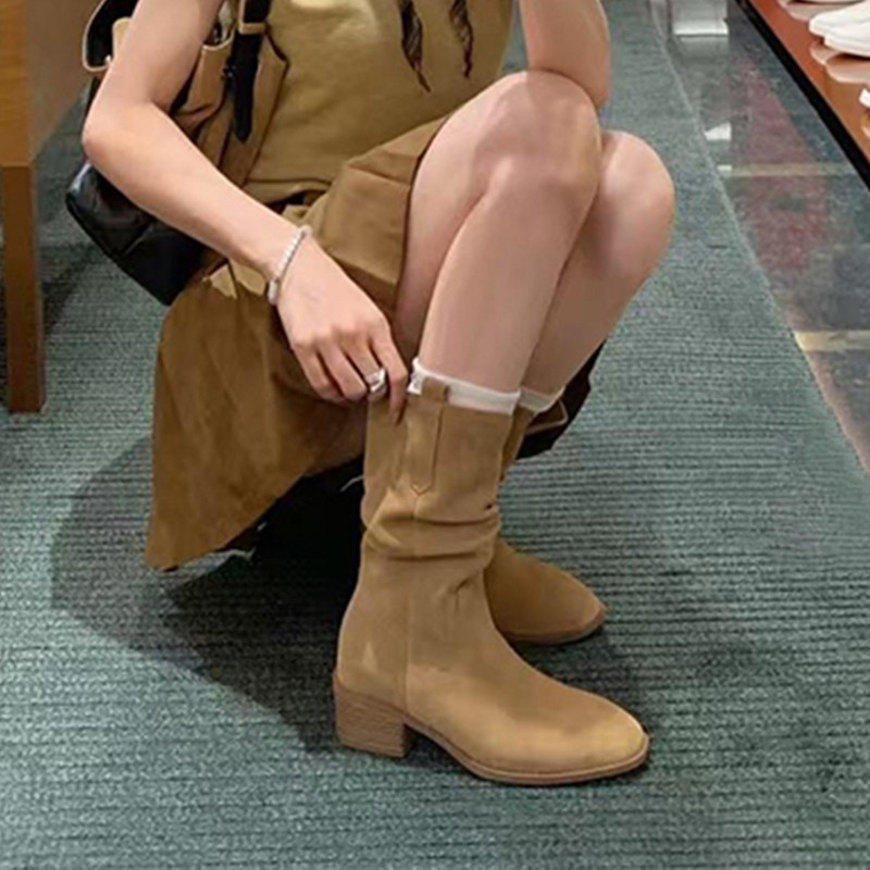 巨好看韩系尖头V口堆堆靴短靴女粗跟棕色靴子显瘦增高西部骑士靴|undefined