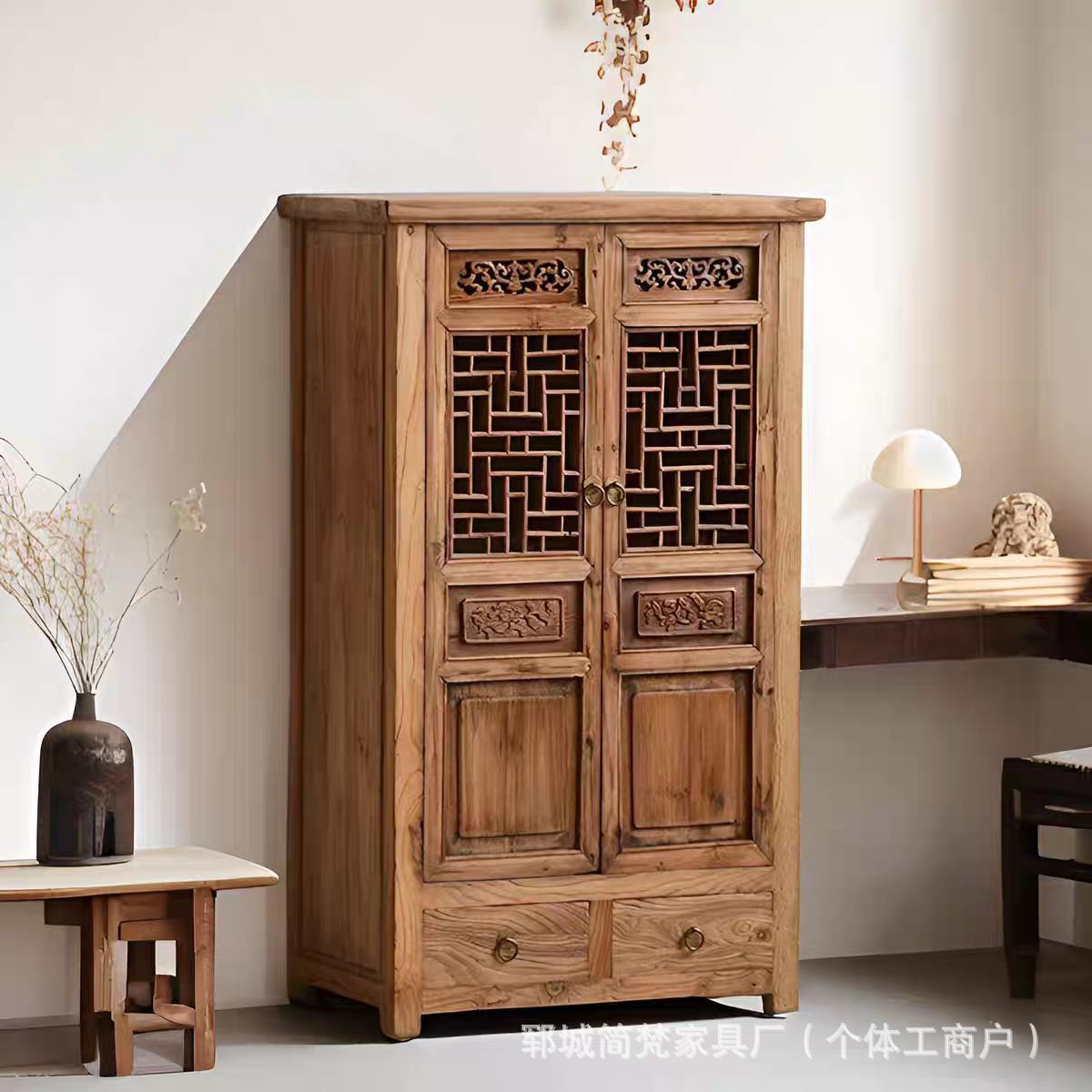 New Chinese-Style Solid Wood Sideboard, Old Elm Wood Carved Storage Cabinet, Multi-Layer Bowl and Plate Storage Cabinet, Tea Room Tea Side Cabinet