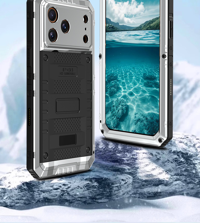 Ốp lưng iPhone 15 Pro Max chống sốc bốn lớp kim loại, chống nước, viền dày silicon mềm — Đen, Đỏ rượu, Vàng sáng, Cam chi tiết 2