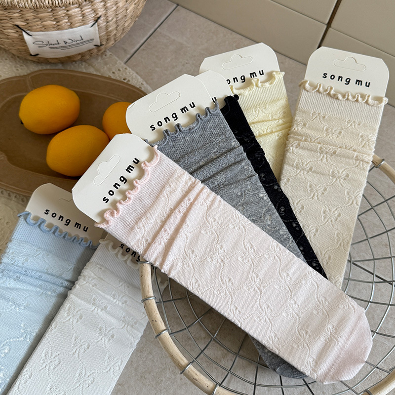 鏤空蝴蝶結襪子女夏天薄款中筒襪日系卷邊無骨堆堆襪奶油色長襪女