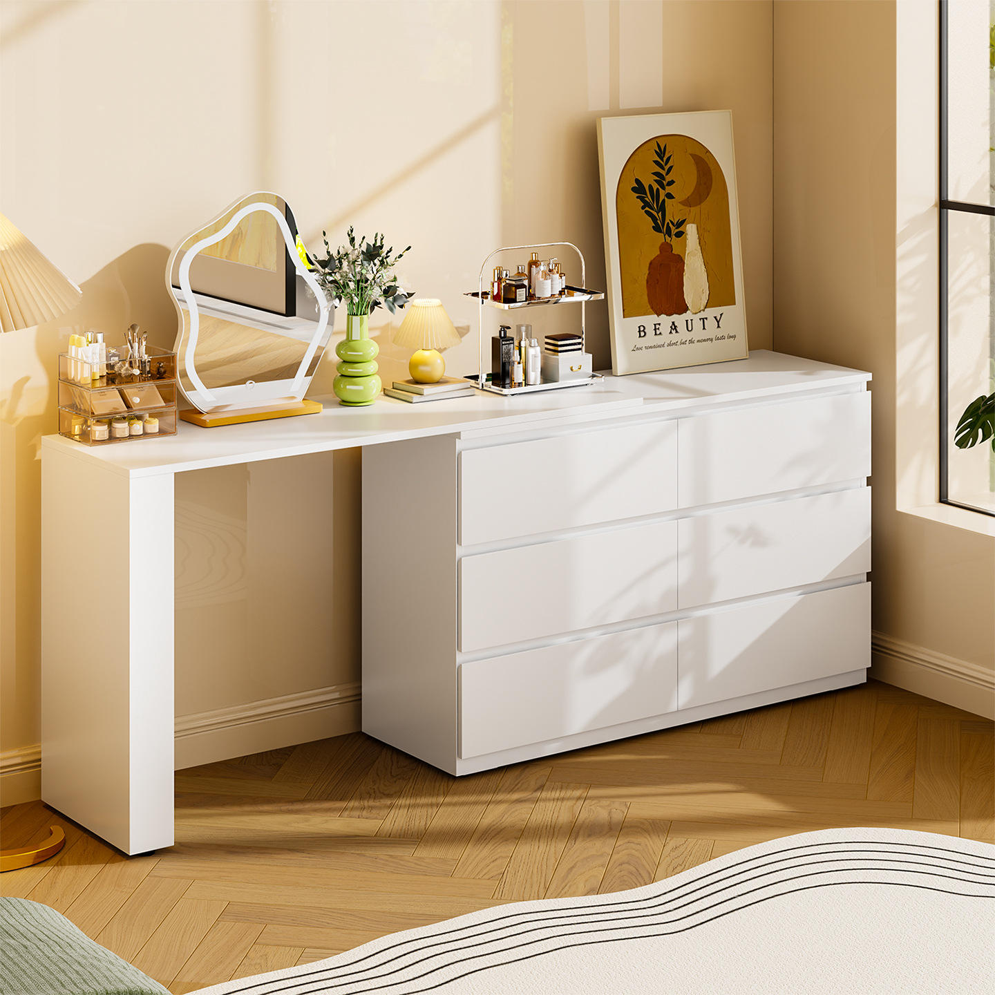 Steel Makeup Table, Dressing Table, Bedroom Integrated Corner Cabinet, New Iron Art Chest of Drawers, Cream-Style Corner Iron Bed End Cabinet