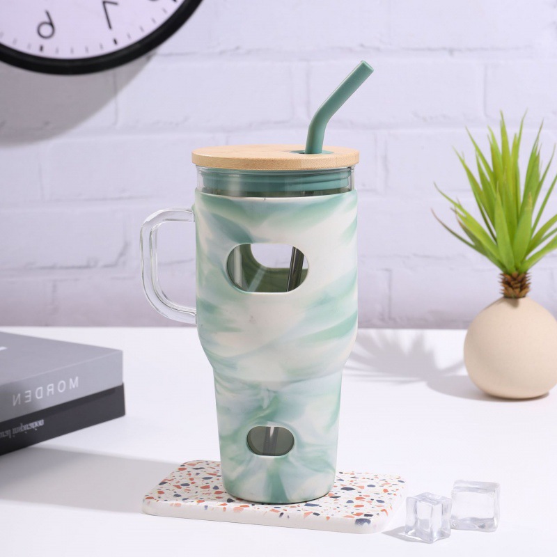 Taza de vidrio de 30oz, cubierta de silicona a prueba de caídas, taza de paja de gran capacidad con mango, taza de menú de hielo