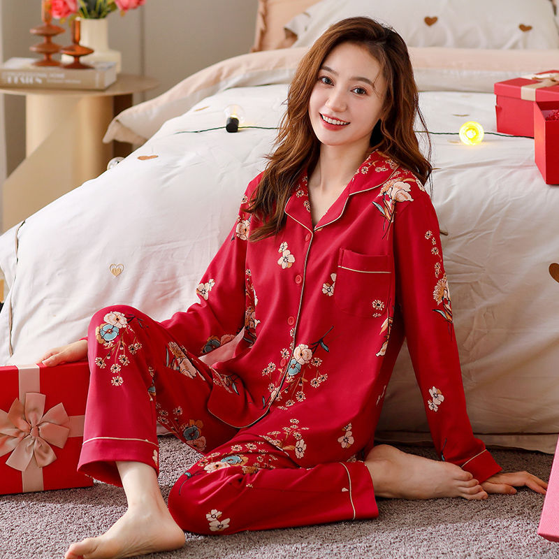 Pijamas de mujer de manga larga primavera y otoño 100% algodón estilo coreano de las mujeres más tamaño Delgado Otoño e Invierno ropa de casa traje de dos piezas