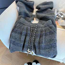 新款美式格子加厚直筒裤复古毛呢春秋冬季高腰显瘦宽松休闲裤子女