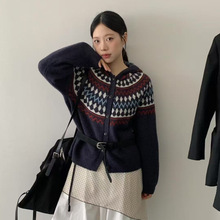 复古文艺提花连帽针织开衫女费尔岛风毛衣冰岛风秋冬毛衣外套韩系