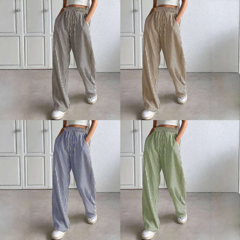 2025 European and American Cross-Border Foreign Trade Women's Popular Independent Station Shein Amazon Temu Stripesd Casual Pants Straight