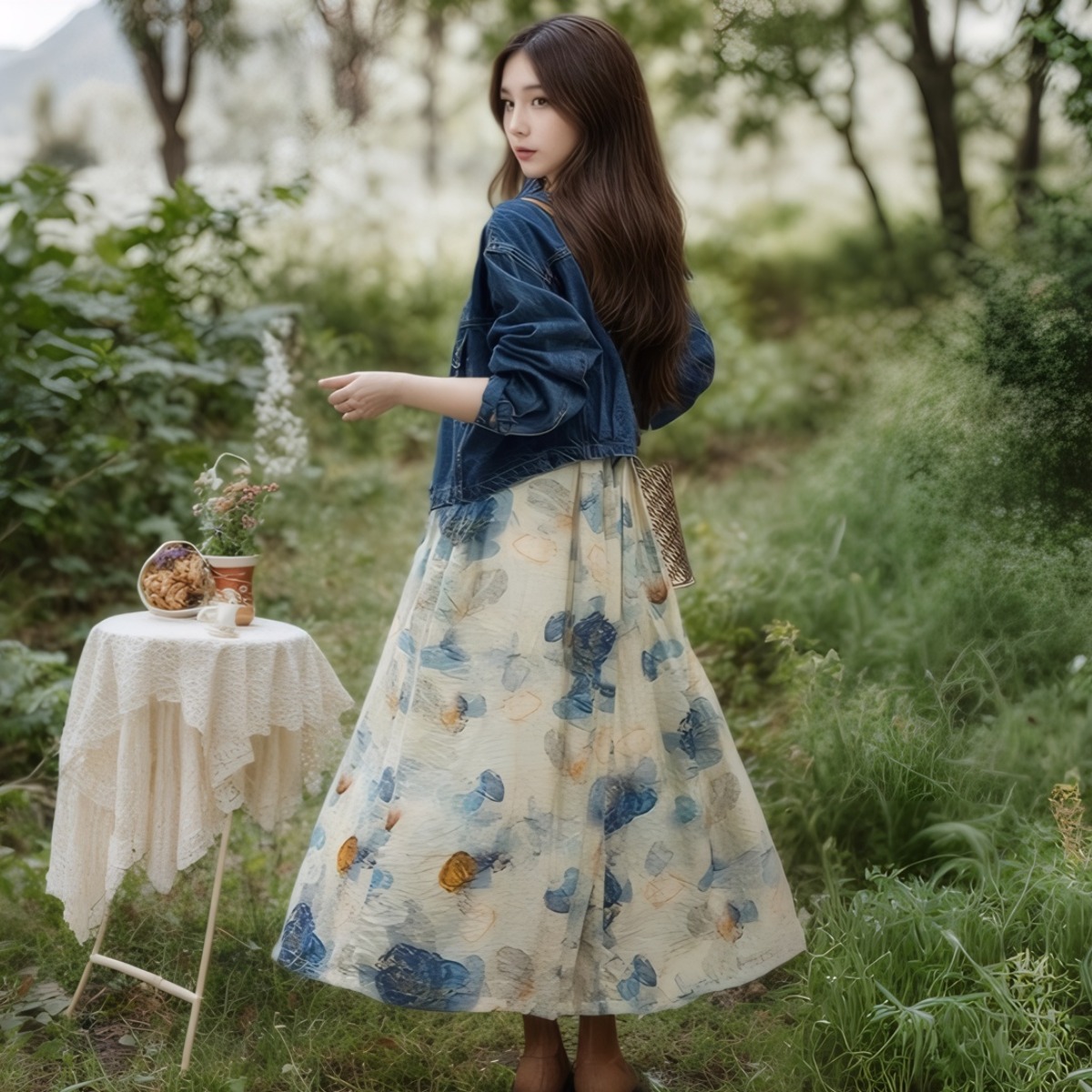 Bộ đồ hai mảnh áo khoác denim và váy hoa mùa hè — áo khoác denim chi tiết 1