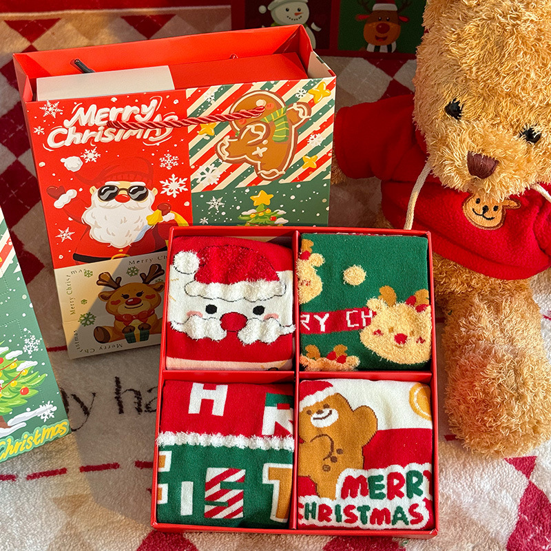 Calcetines navideños calcetines de tubo medio cajas de regalo calcetines niños dibujos animados calcetines de algodón de invierno calcetines de regalo parejas calcetines rojos y encantadores de año nuevo image 8
