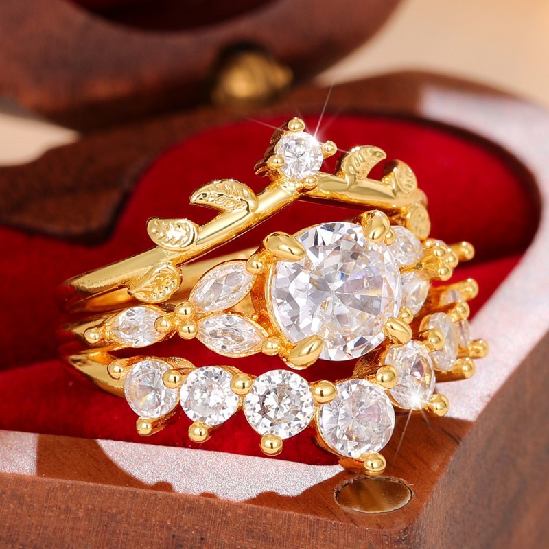 Inlay Design Ig Style Shiny Round Leaves Copper Inlay Zircon Rings
