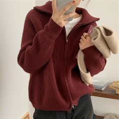 韩版复古拉链针织开衫女2025秋冬宽松外穿慵懒风翻领毛衣外套上衣
