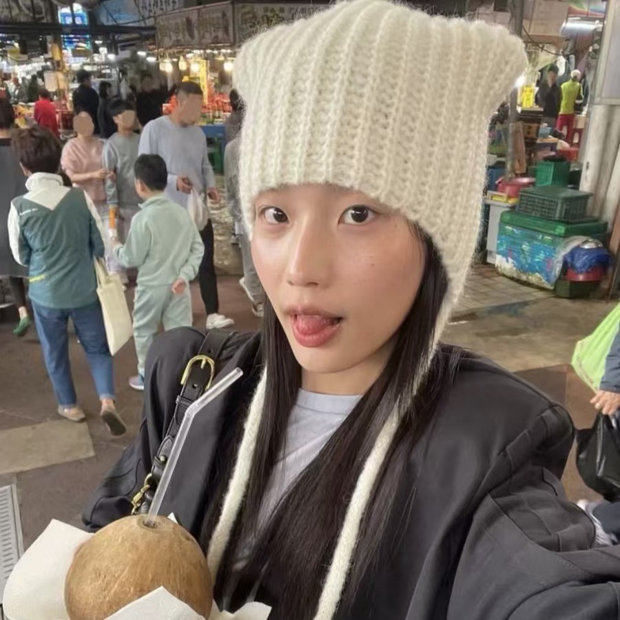 秋冬可爱少女保暖猫耳朵护耳罩针织帽加厚包头系绳飞行帽毛线帽