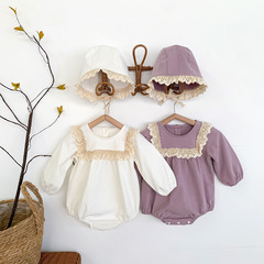 Spring and Autumn New Korean Style Baby Girl Trendy Lotus Collar Lace Edge Bodysuit Diaper Cover Outfit for Infants