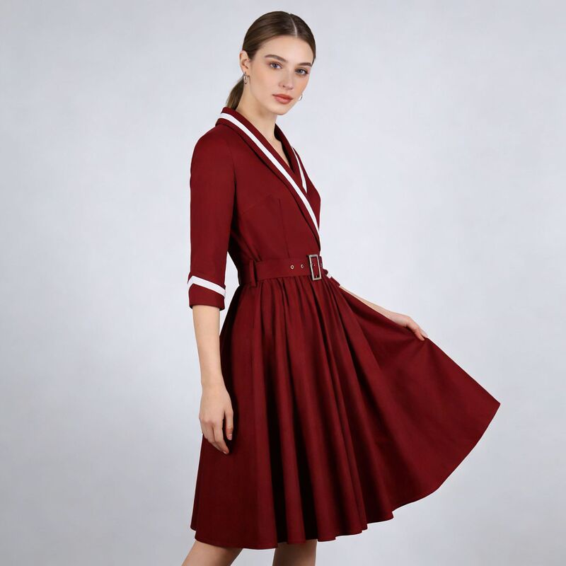 Cross-Border Export Autumn and Winter Dress Women's V Neck Long-Sleeved Waist Elegant Retro Holiday Party Outing with Belt