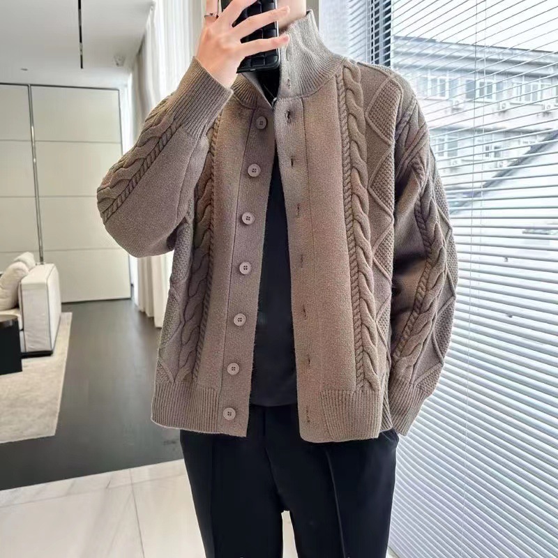 Knitted Sweater Jacket For Men, Autumn And Winter Loose Cardigan Sweater, Handsome Stand Up Collar, Thread Jacket_viptrois.com