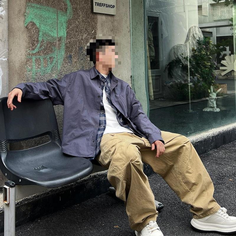 到位男装XDZZ二狗秋季高街宽松假两件设计格子衬衫外套C188+C189|undefined