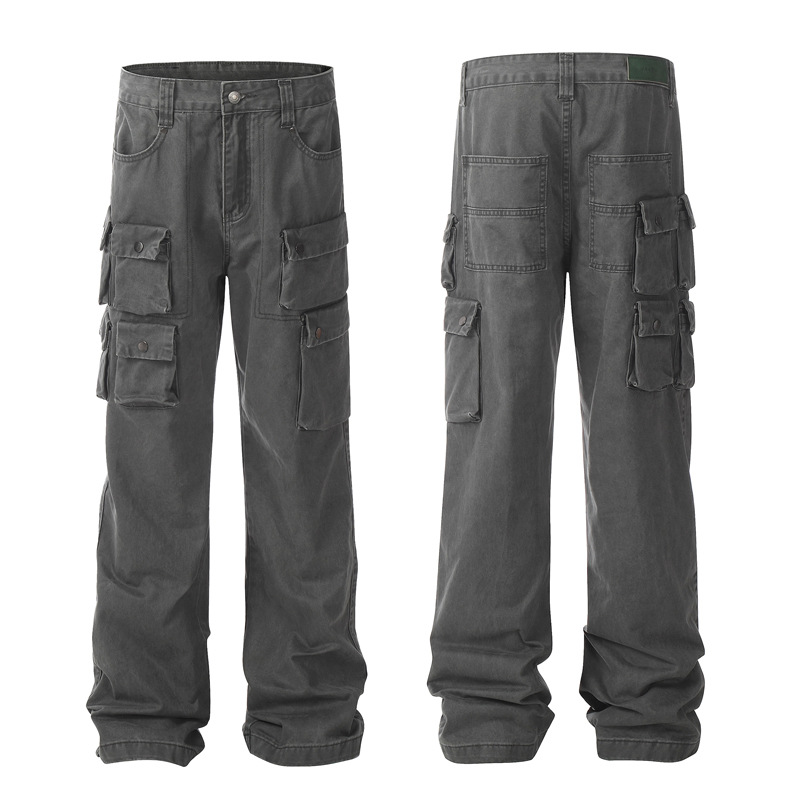 Men's Clothing Style Street Retro Old Washed Loose Tooling Jeans Men's Brand All-match Casual Multi-pocket Straight Pants_voghion.com