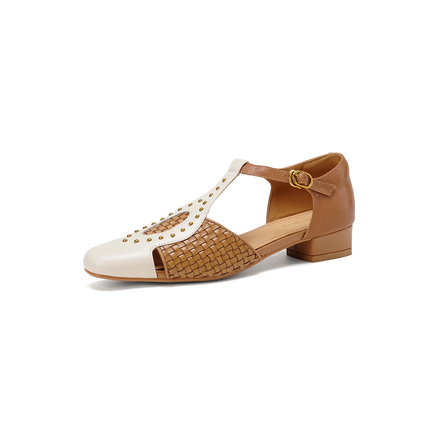 Sandal nữ mũi nhọn gót thấp da bò đinh tán phong cách La Mã — đen