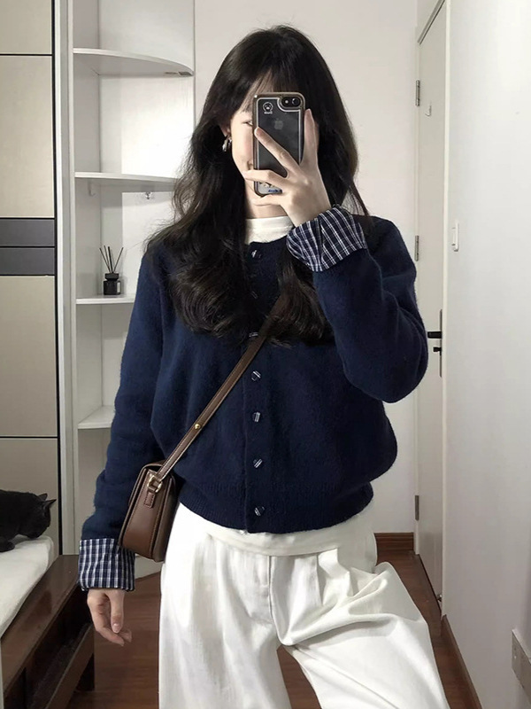 假两件藏蓝色软糯针织开衫春秋季新款韩系慵懒风毛衣外套女上衣|undefined