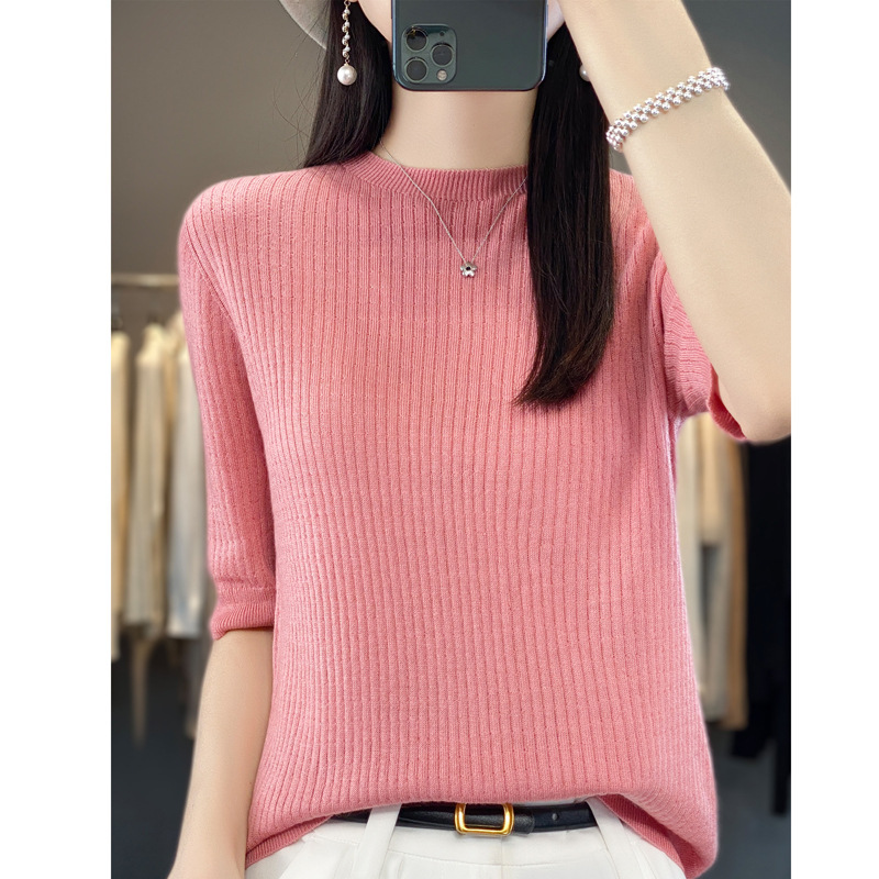 Summer New Style High-Quality Imitation Wool Round Neck Half-Sleeve Women's Seamless Ribbed Knit Short-Sleeve Top