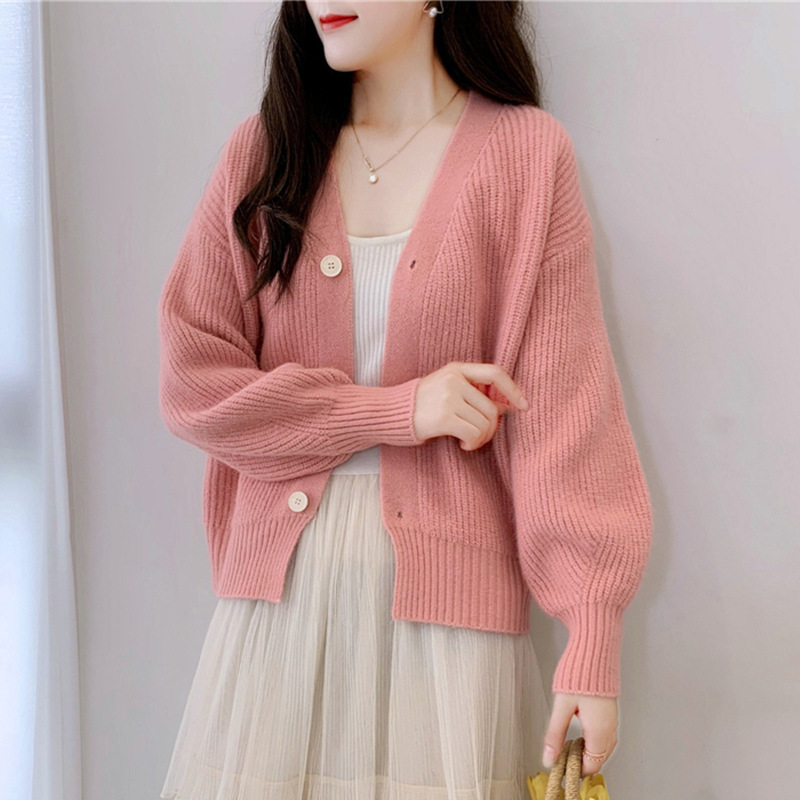 French V-Neck Candy Color Long Sleeve Cardigan Women's Loose Knit Sweater Coat Casual Elegant Outerwear_ecoleips.com