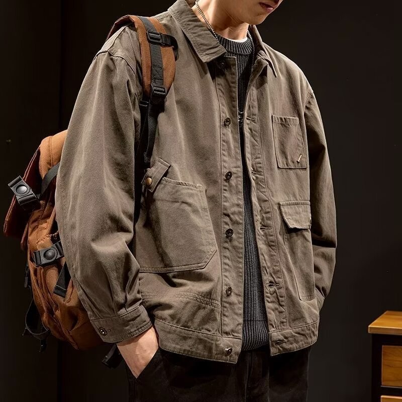 High-End Workwear Jacket for Men, Spring and Autumn Style, Trendy Brand, Loose American Retro Lapel Jacket, Casual Cool Denim Jacket