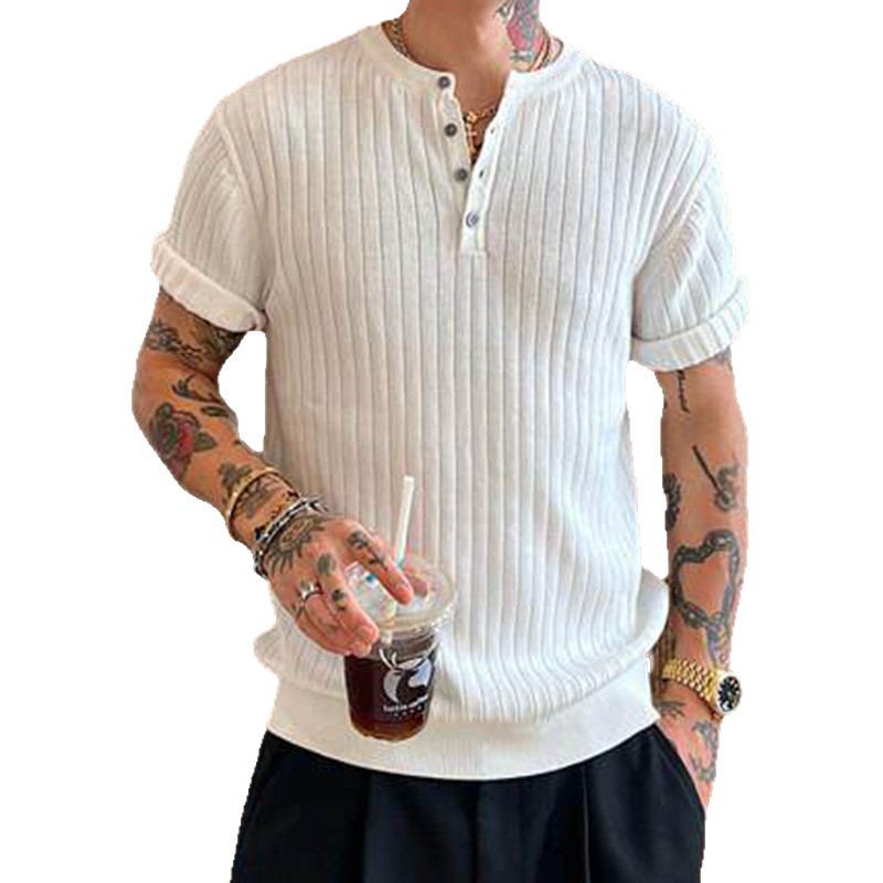 Camiseta de punto de manga corta camiseta hombre Henry delgado y delgado color sólido viejo viento de hielo seda fábrica transfronteriza al por mayor
