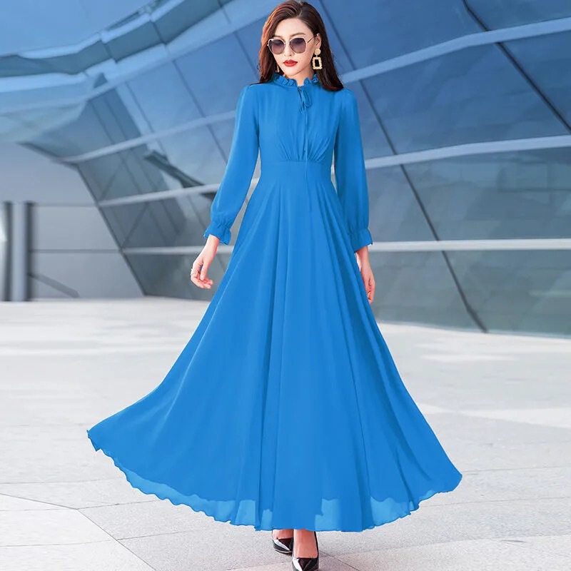 2025 Spring and Summer New Long-Sleeved Chiffon Slimming Look Large Hem Dress Women's Extra Long Skirt Slim Beach Long Skirt