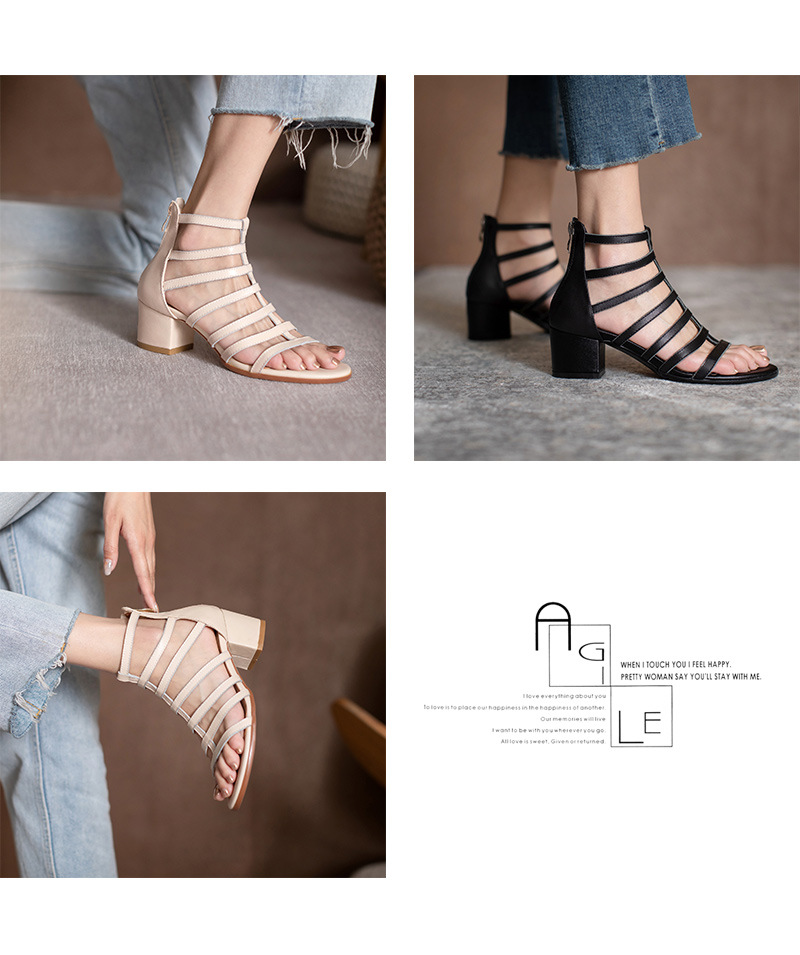 Sandal nữ cao gót siêu cao da bò kiểu La Mã cổ cao gót thô — Màu đen chi tiết 11