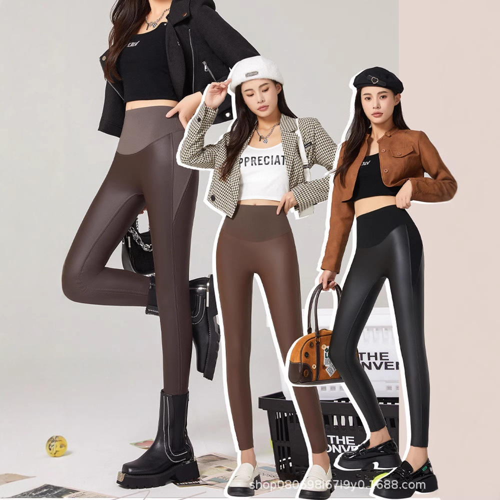 时尚皮裤女秋冬加绒加厚鲨鱼裤女外穿高腰提臀小脚紧身裤高腰显瘦