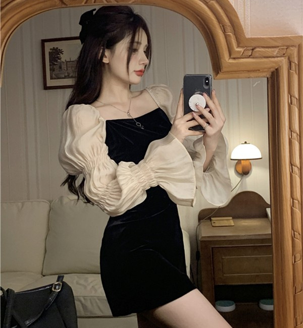 Plus Size French Trumpet Sleeve Dress for Women 2024 Spring & Fall Elegant Slim Slim Velvet Skirt