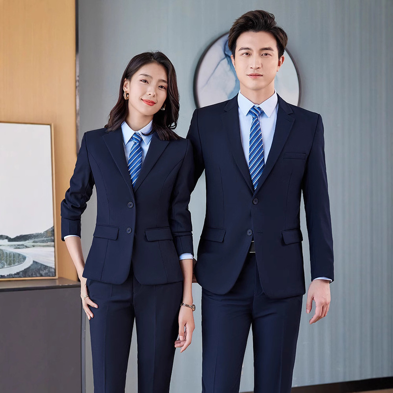 Professional Business Suits, Formal Suits for Men and Women, Work Uniforms, Sales Workwear, Navy Blue Style, Long-Sleeved, Single-Breasted
