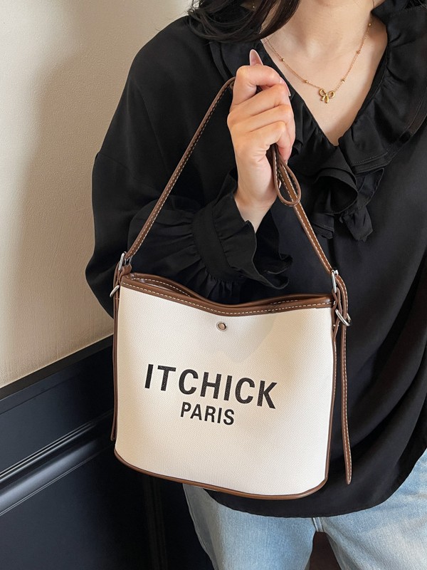 Transfronterizos de gran capacidad bolso de cubo portátil de tela de mujer impresión de letras de moda alta textura versátil mochila