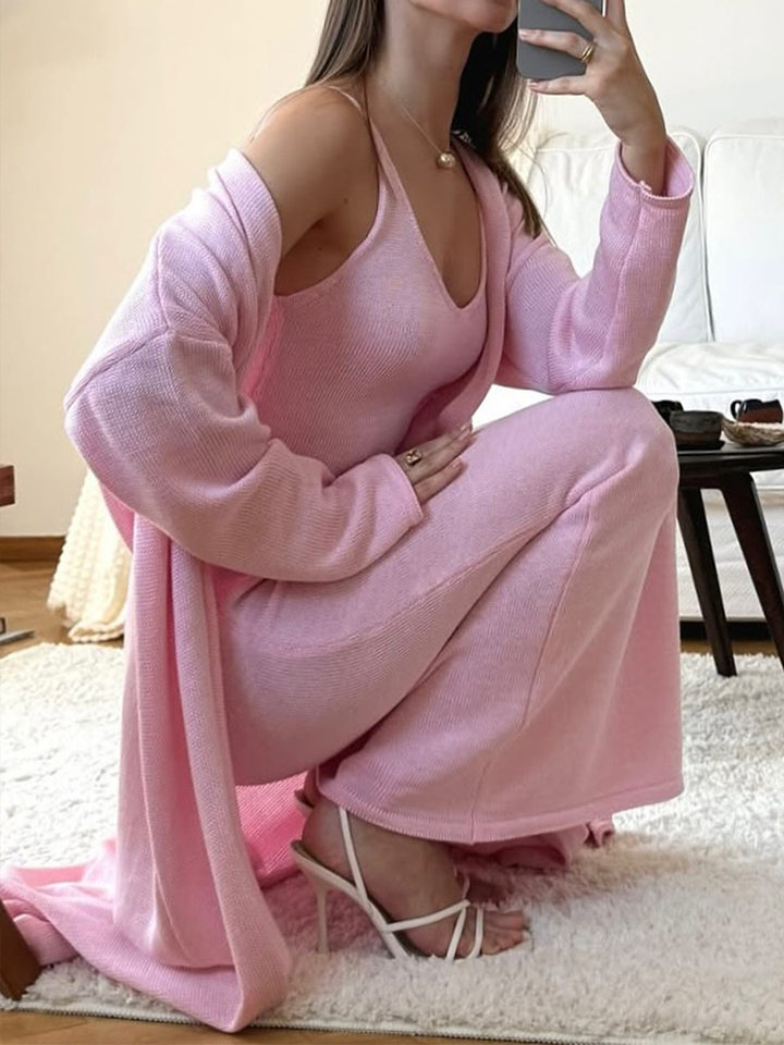 Bộ đầm dài kèm áo cardigan dệt kim dài tay nữ — Màu cà phê đậm, Màu hồng, Màu trắng, Màu xám chi tiết 63