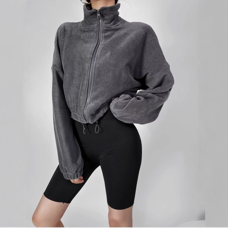 Thickened Warm Double-sided Velvet Sports Jacket Women's Autumn and Winter 2024 Fashionable Collar Yoga Clothes Loose Long-sleeved Top