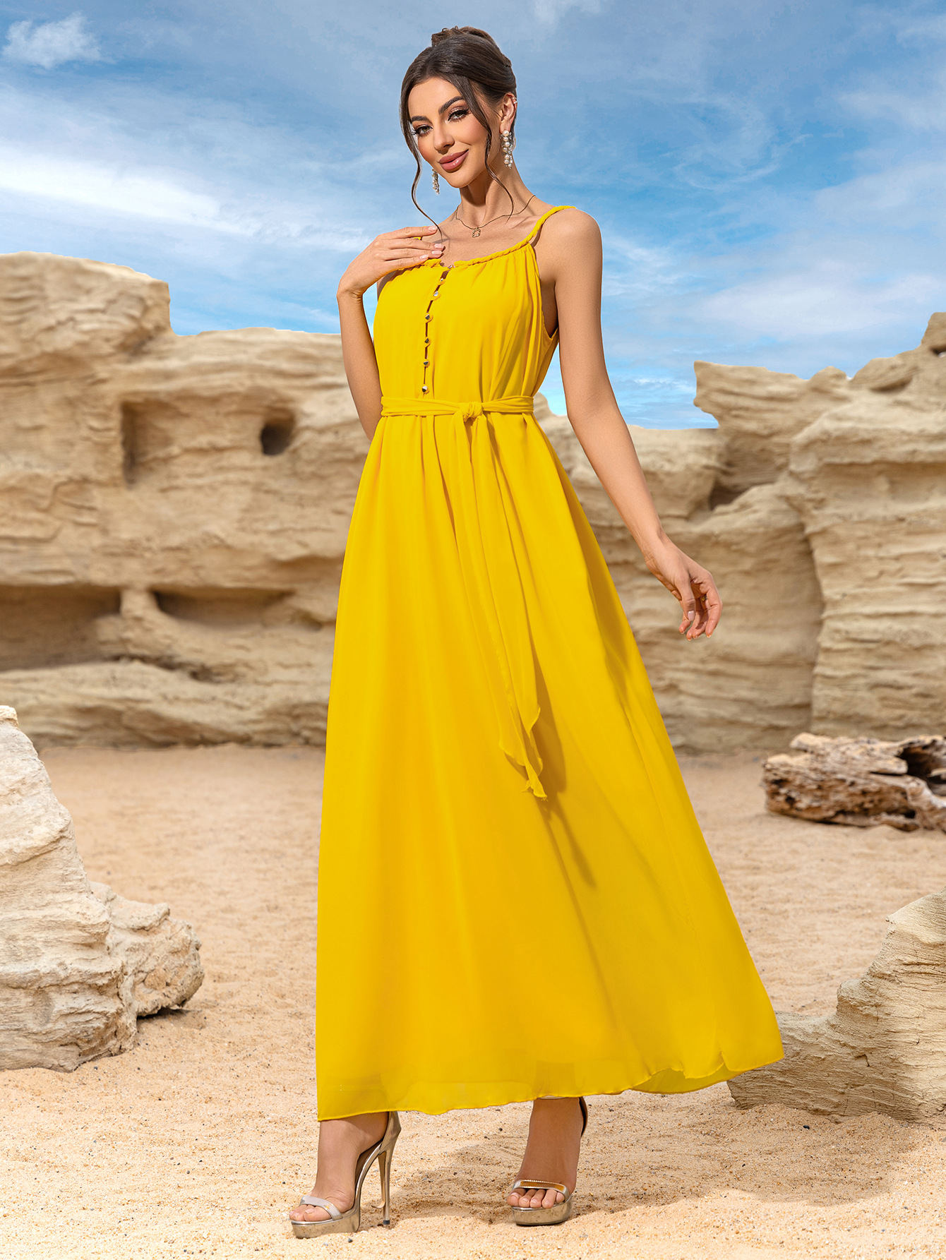 Verano nuevo estilo Bali playa vacaciones amarillo playa falda mujer retro delgado vestido coreano super hada falda larga